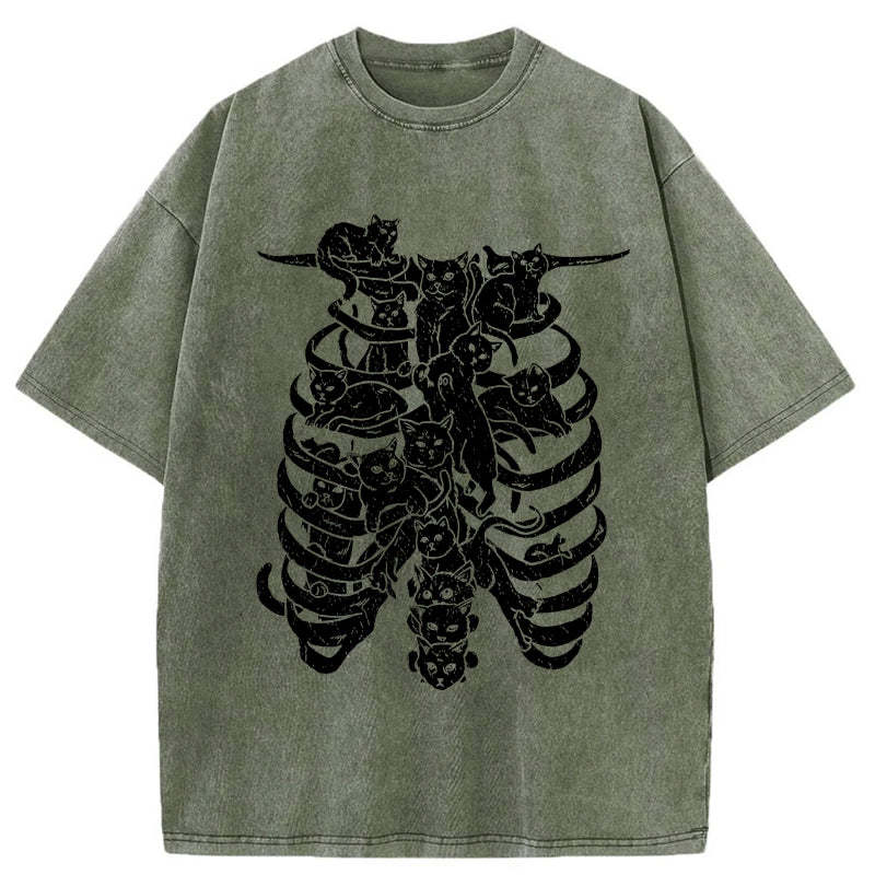 Cat Lying On The Skeleton Washed T-Shirt