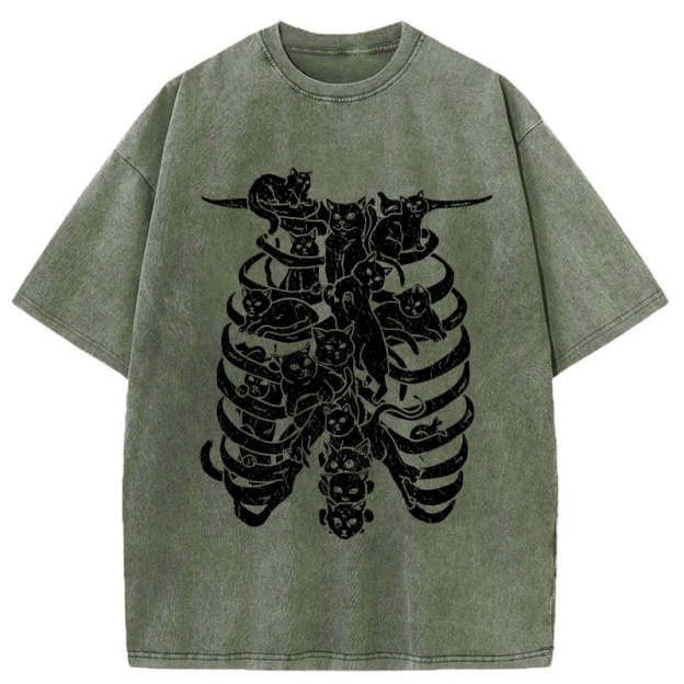 Cat Lying On The Skeleton Washed T-Shirt