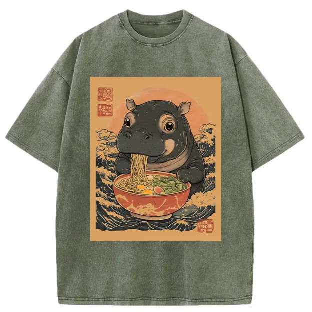 Moo Deng Eat Ramen Washed T-Shirt