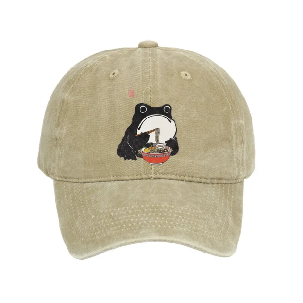  Funny Frog Eating Ramen Washed Cap