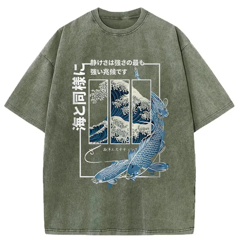 Ukiyoe Waves And Fish Washed T-Shirt