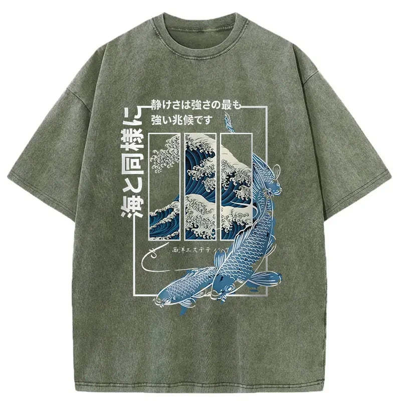 Ukiyoe Waves And Fish Washed T-Shirt