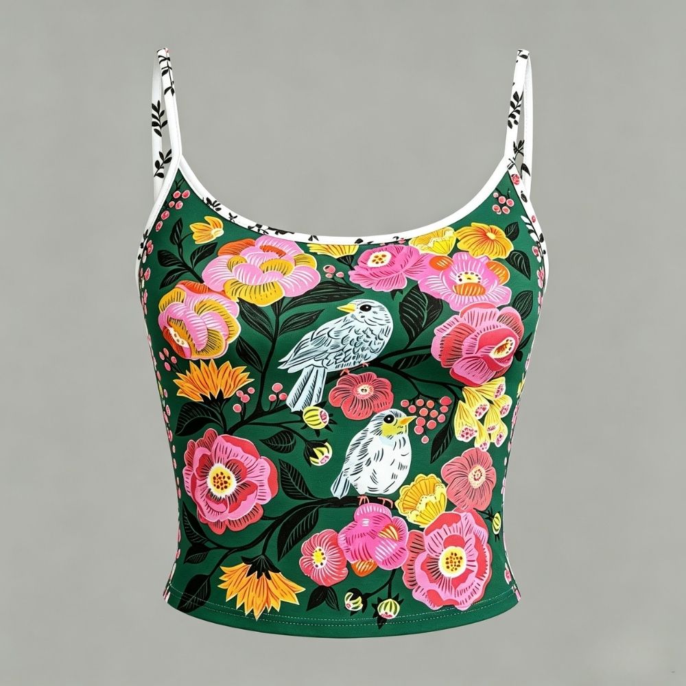 Boho Emerald Green Floral Bird Print Top & Elasticated Trousers Two-Piece Set
