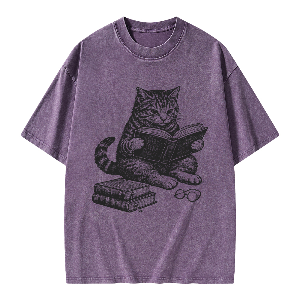 Unisex Cat Reading Book Printed Washed Tee