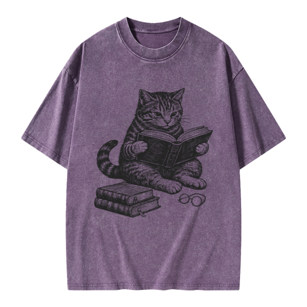 Unisex Cat Reading Book Printed Washed Tee