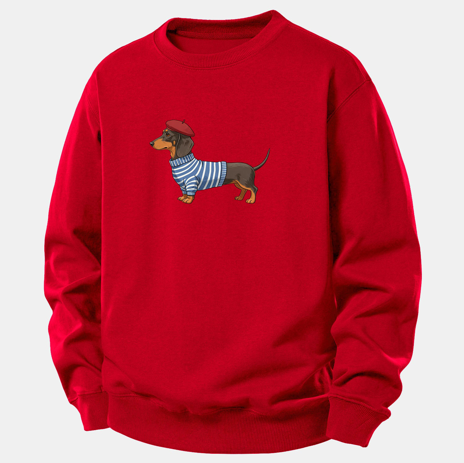 Dachshund Wearing Striped Sweater Print Relax Fit Sweatshirt