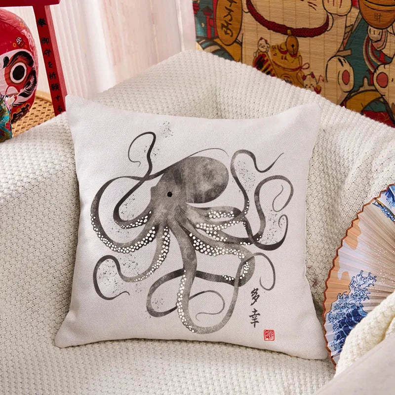 Octopus Japanese Calligraphy Cushion Pillow