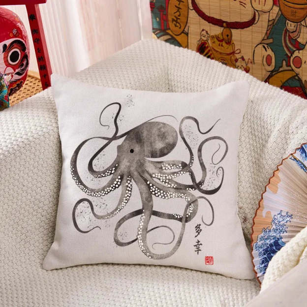 Octopus Japanese Calligraphy Cushion Pillow