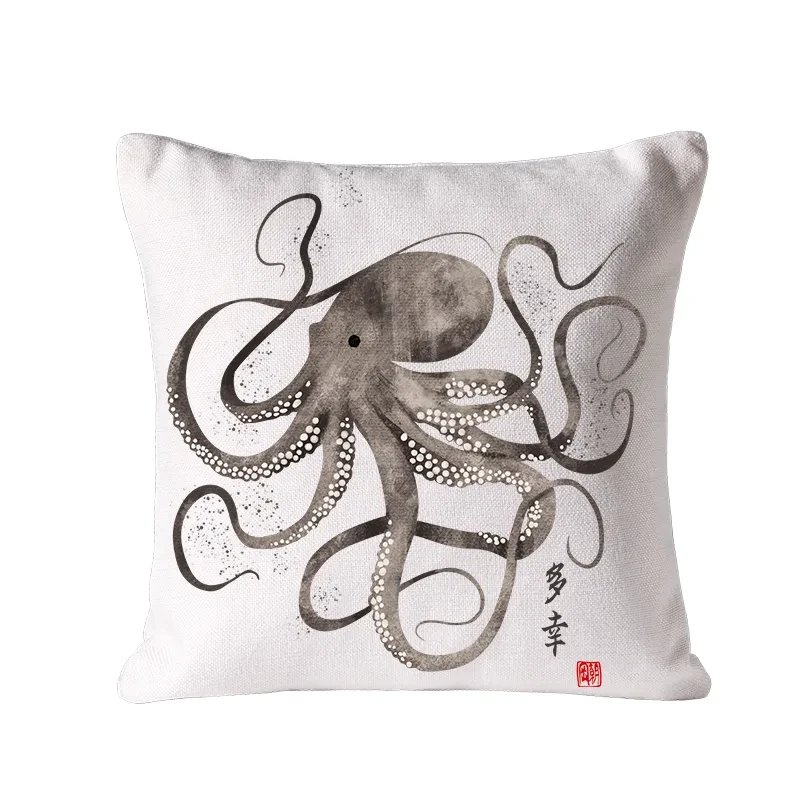 Octopus Japanese Calligraphy Cushion Pillow
