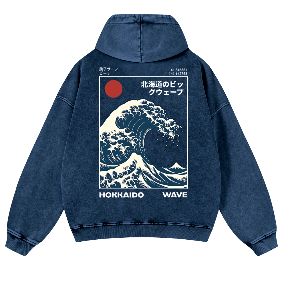 Hokkaido Wave Ukiyoe Vintage Washed Cotton Back Art Hoodie