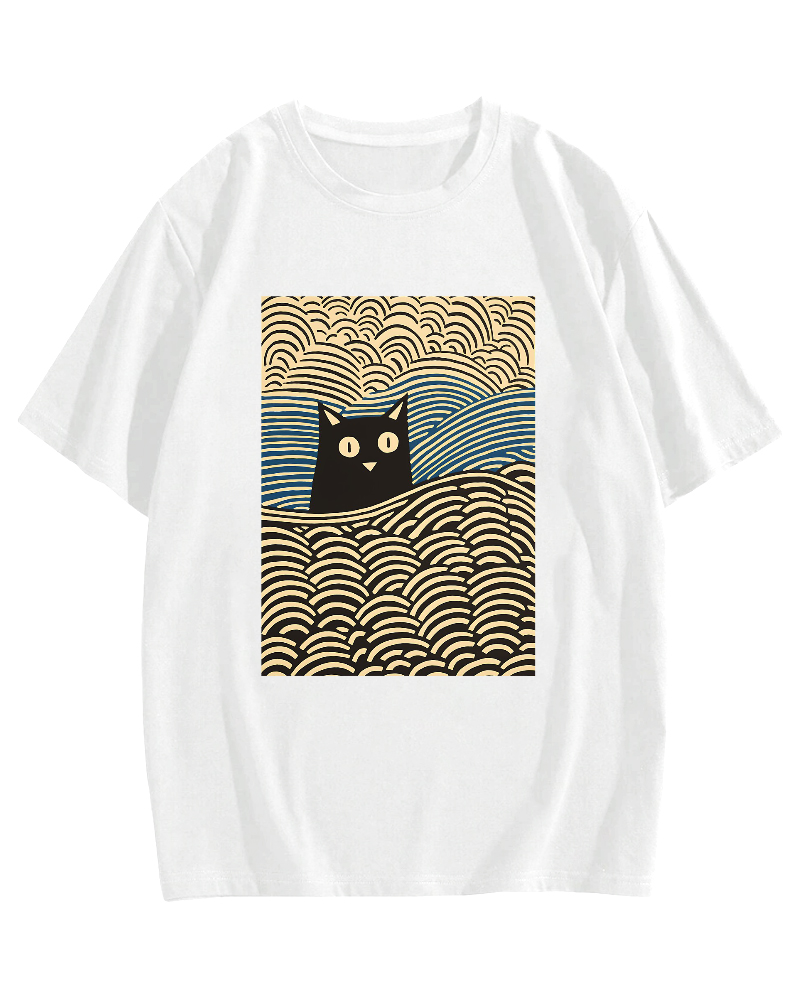 Wave Japanese Cat Art Cotton casual T-shirt