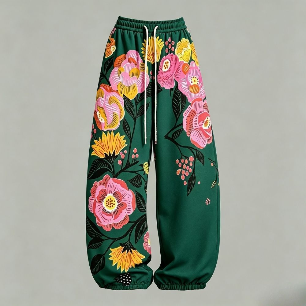 Boho Emerald Green Floral Bird Print Top & Elasticated Trousers Two-Piece Set