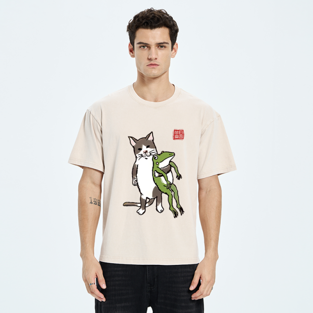 Cat Holding A Frog Washed T-Shirt