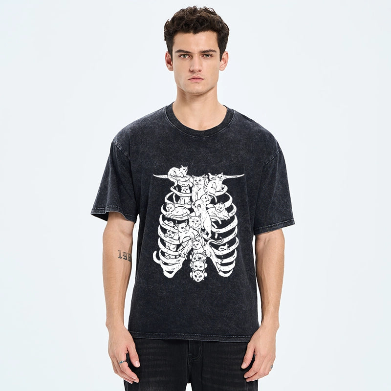 Cat Lying On The Skeleton Washed T-Shirt