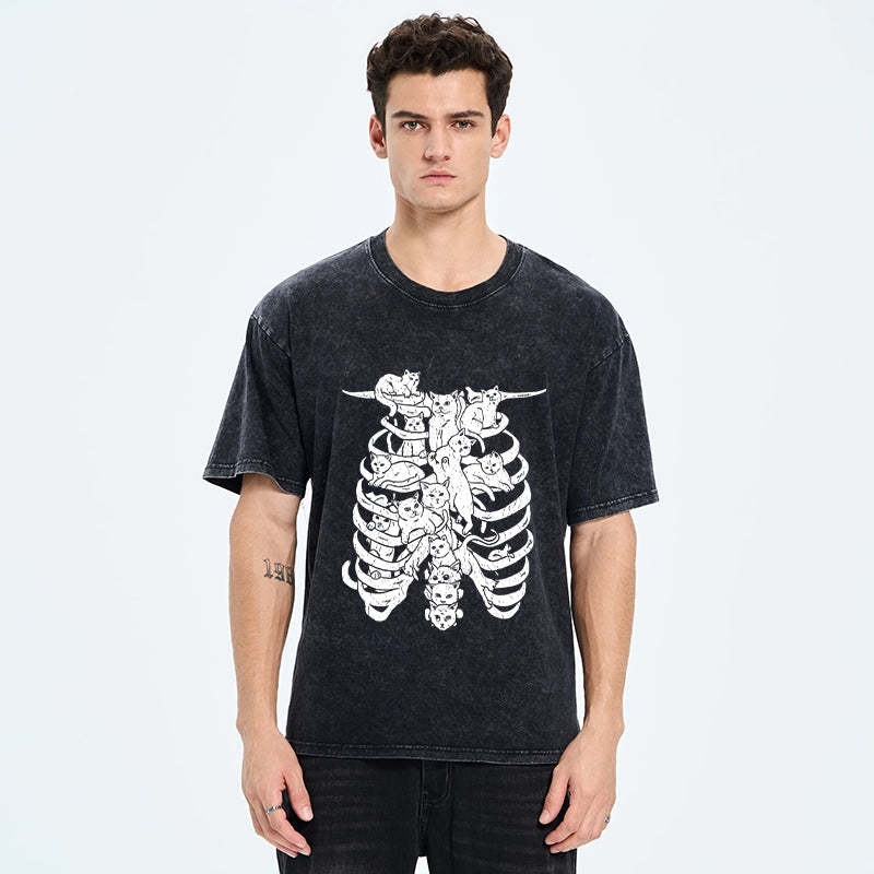 Cat Lying On The Skeleton Washed T-Shirt