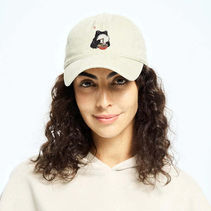  Funny Frog Eating Ramen Washed Cap