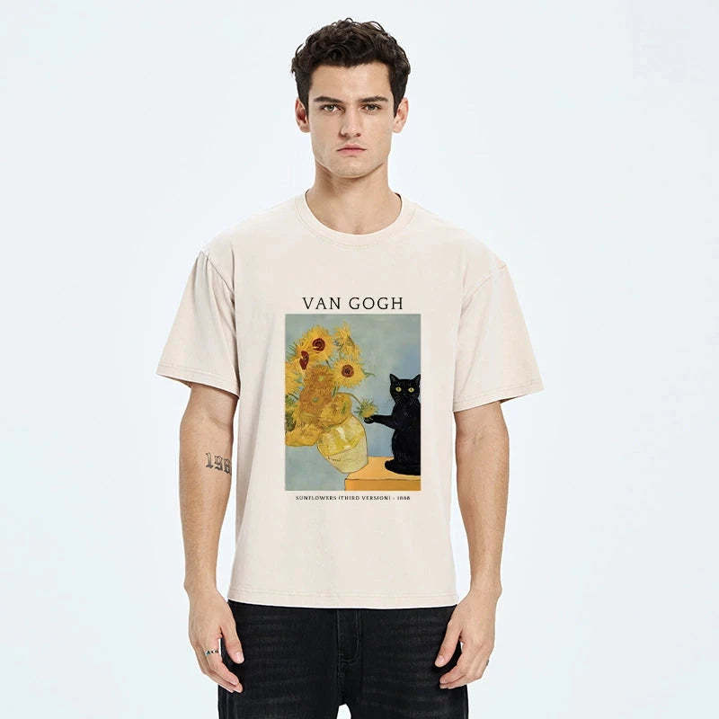 Black Cat With Sunflowers Washed T-Shirt
