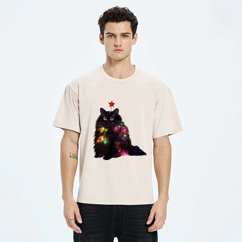 Christmas Lights Cat Washed T-Shirt