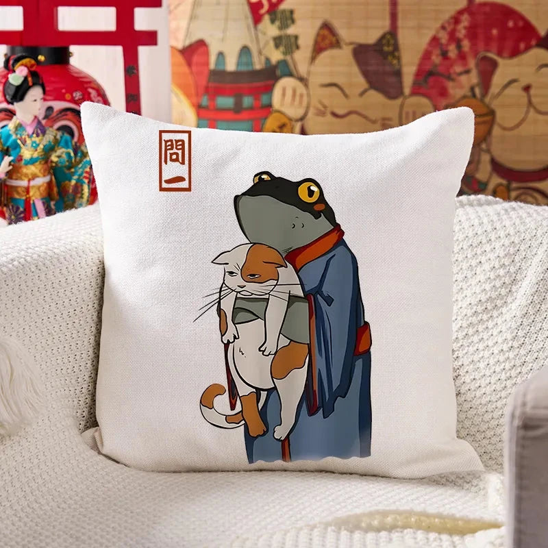 The Frog Holds The Cat Cushion Pillow