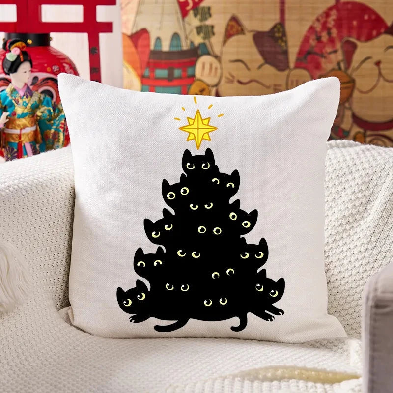Black Cat Christmas Tree Cushion Pillow
