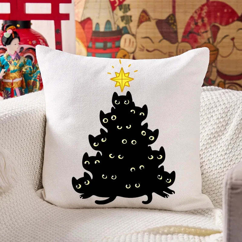 Black Cat Christmas Tree Cushion Pillow