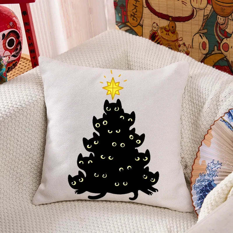 Black Cat Christmas Tree Cushion Pillow
