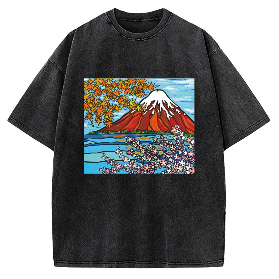 Mt Fuji Janapese Style Painting Vintage Washed T-shirt