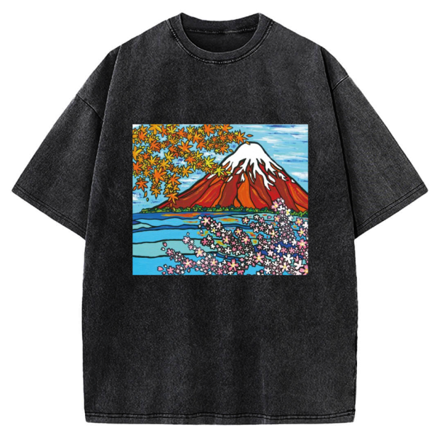 Mt Fuji Janapese Style Painting Vintage Washed T-shirt
