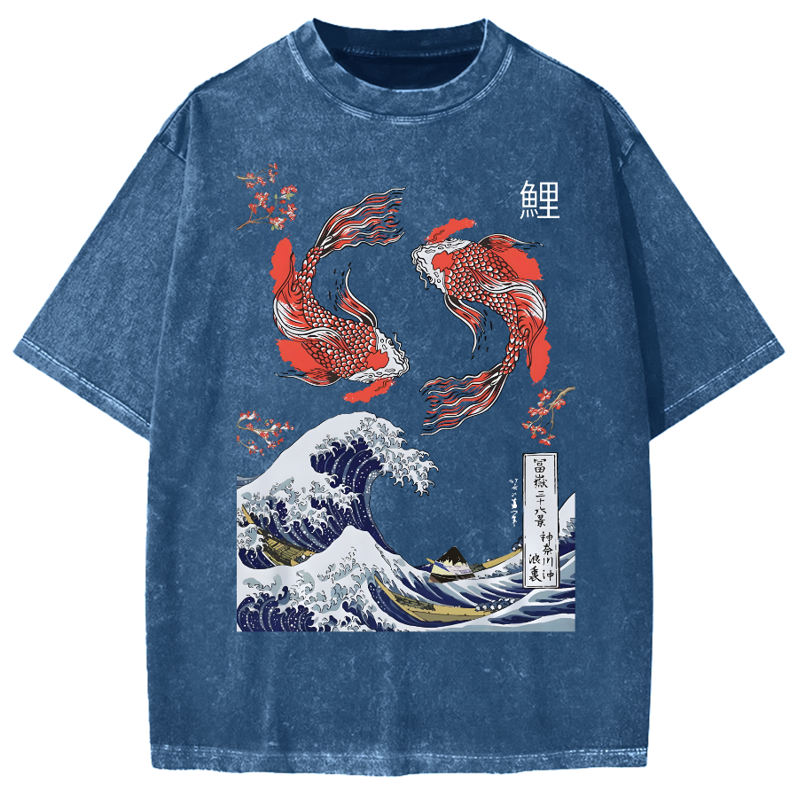 Yin Yang The Great Wave Off Koi Fish Japanese Art Vintage Washed T-shirt