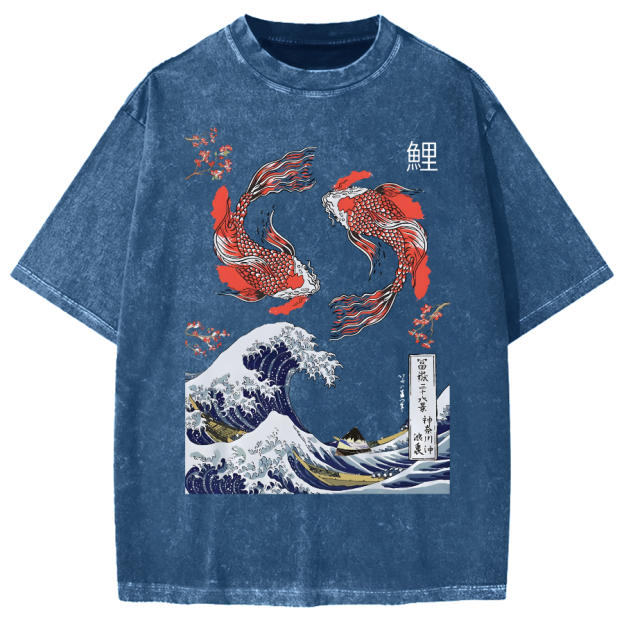 Yin Yang The Great Wave Off Koi Fish Japanese Art Vintage Washed T-shirt