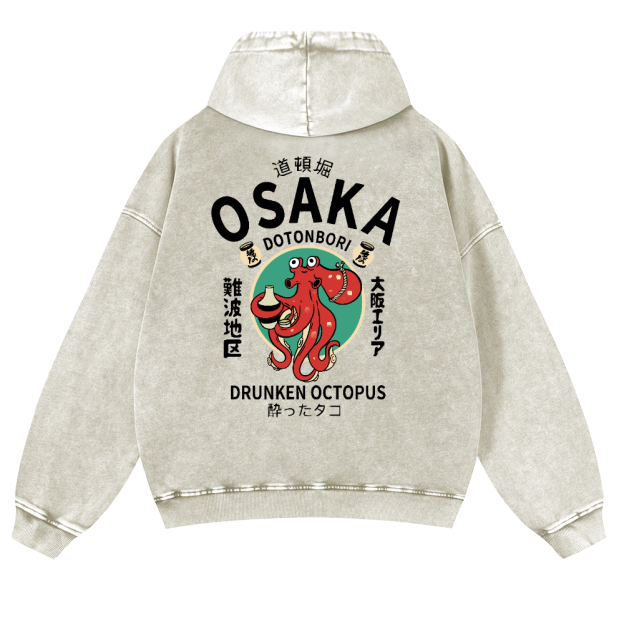 Osaka Dotonbori Drunken Octopus Vintage Washed Cotton Back Art Hoodie