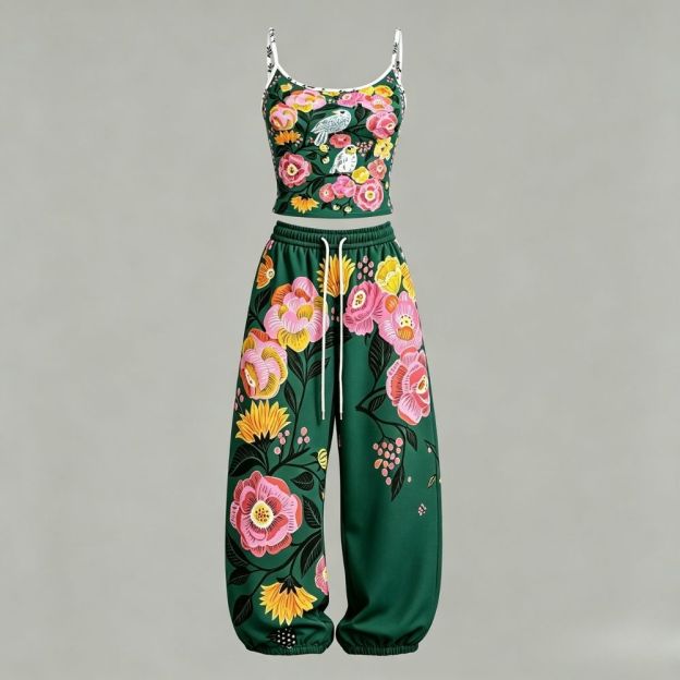 Boho Emerald Green Floral Bird Print Top & Elasticated Trousers Two-Piece Set