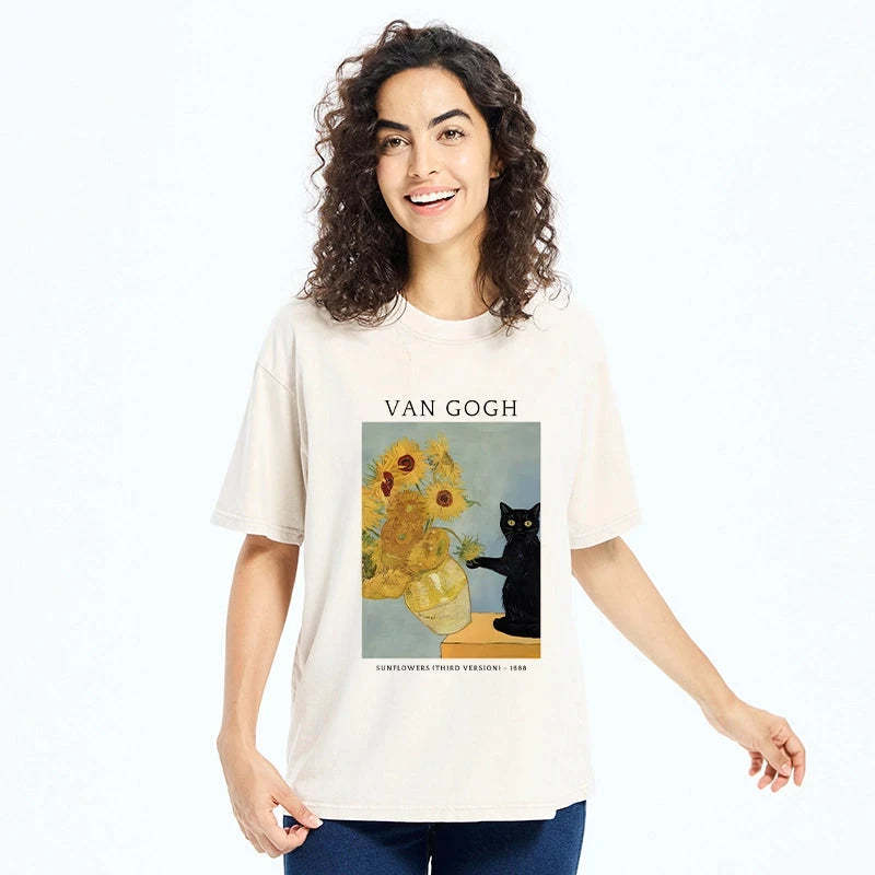 Black Cat With Sunflowers Washed T-Shirt
