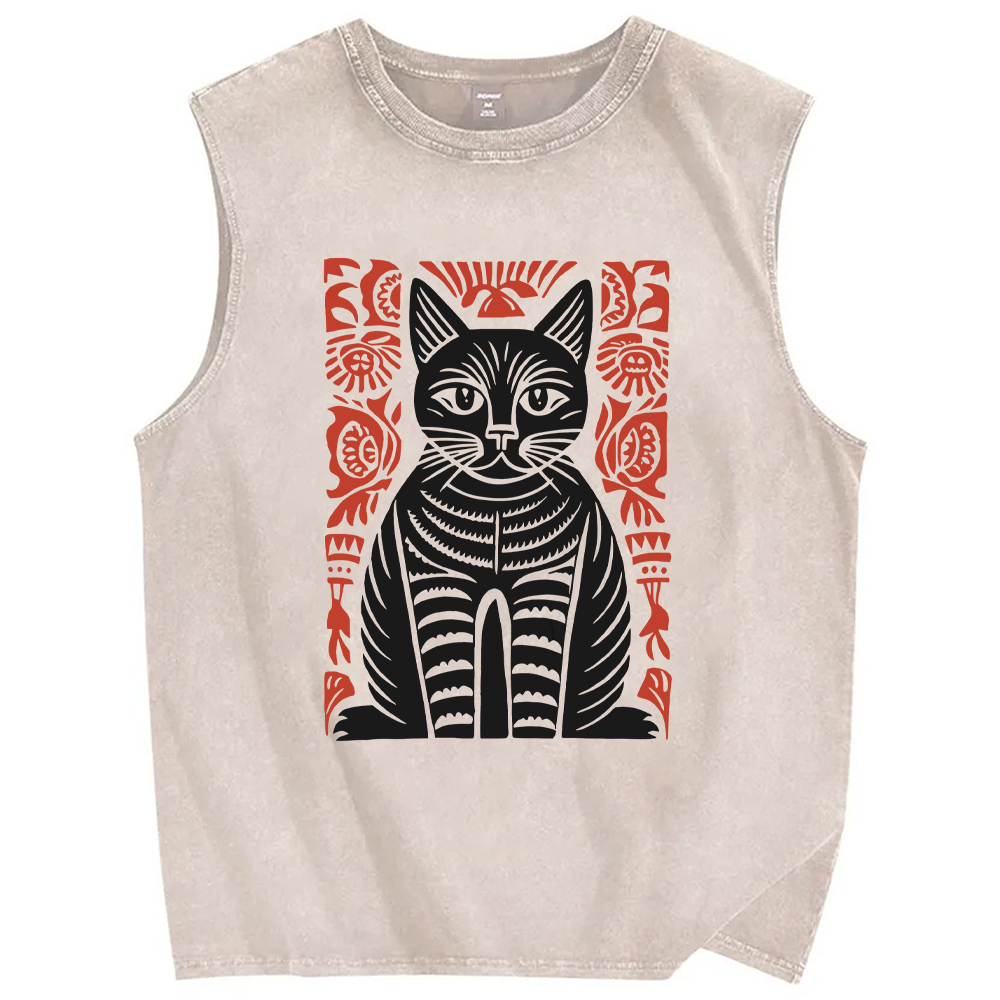 Unisex Vintage Cat Printed Washed Tank Top