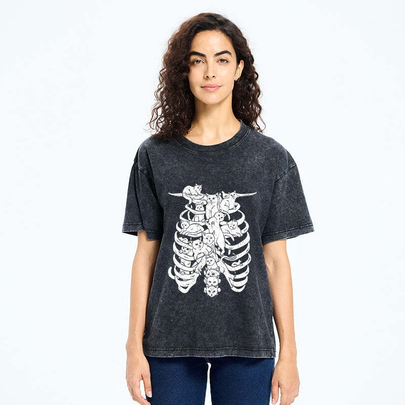 Cat Lying On The Skeleton Washed T-Shirt