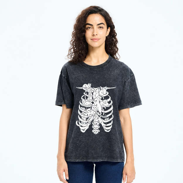 Cat Lying On The Skeleton Washed T-Shirt