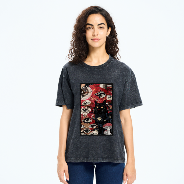 Psychedelic Black Cat Washed T-Shirt