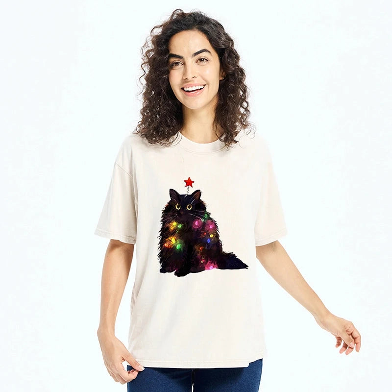 Christmas Lights Cat Washed T-Shirt