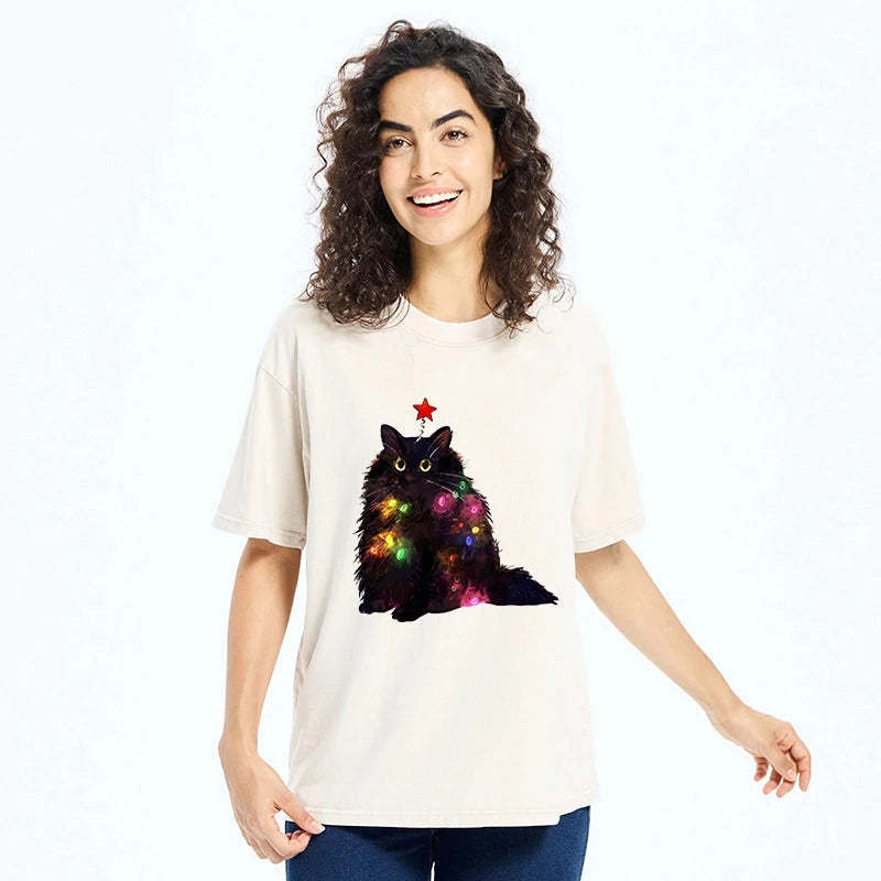 Christmas Lights Cat Washed T-Shirt