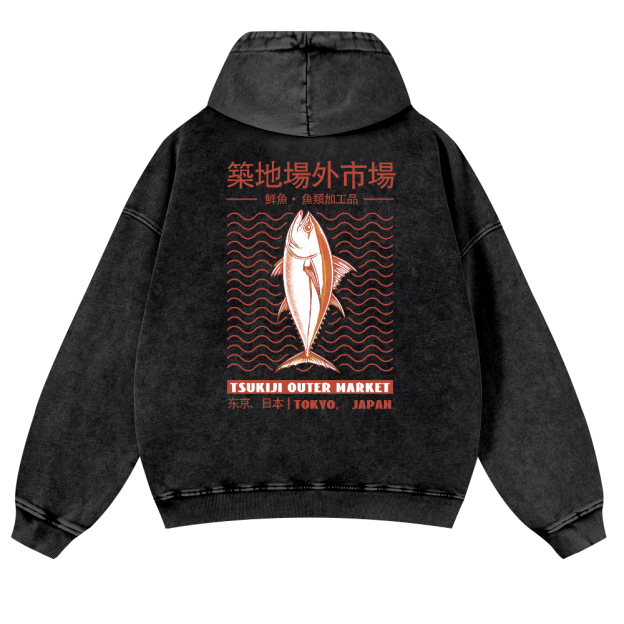 Tsukiji Outer Market Fish Vintage Washed Cotton Back Art Hoodie