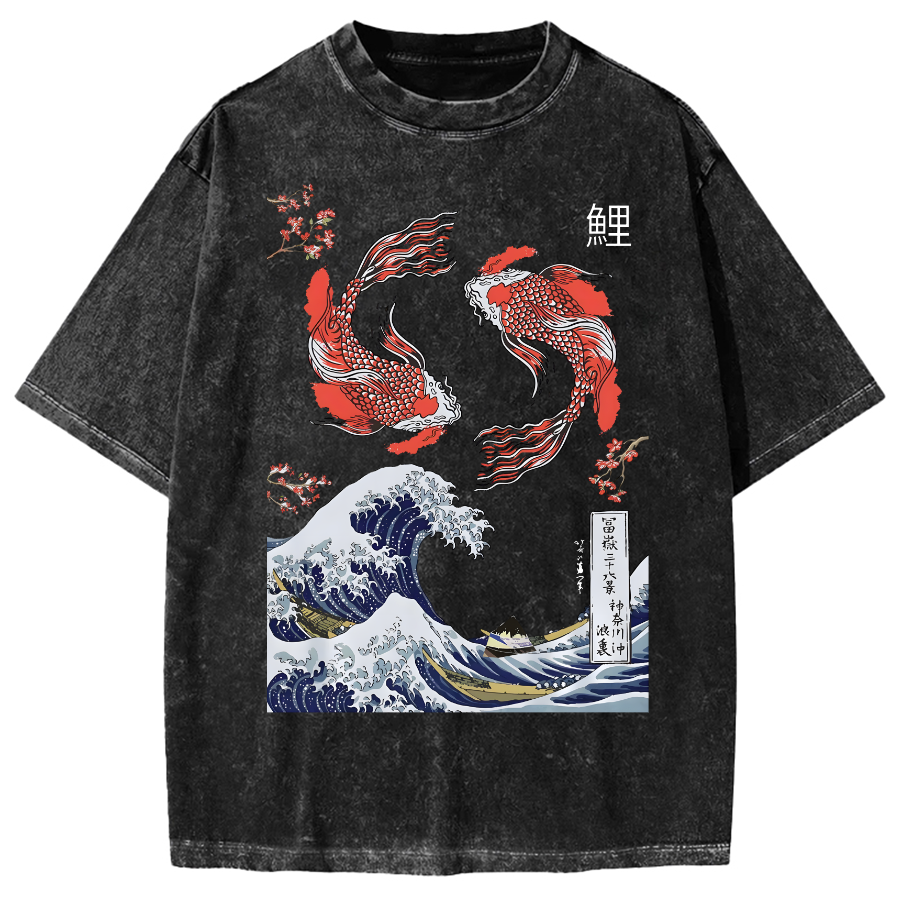 Yin Yang The Great Wave Off Koi Fish Japanese Art Vintage Washed T-shirt