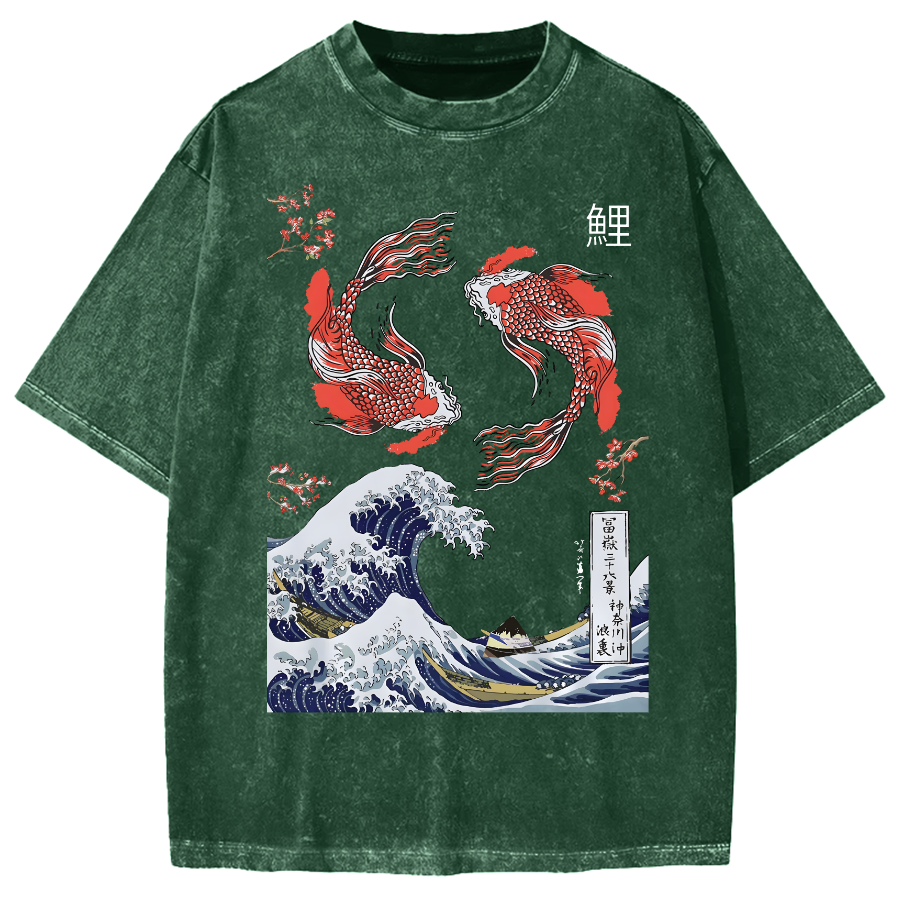 Yin Yang The Great Wave Off Koi Fish Japanese Art Vintage Washed T-shirt