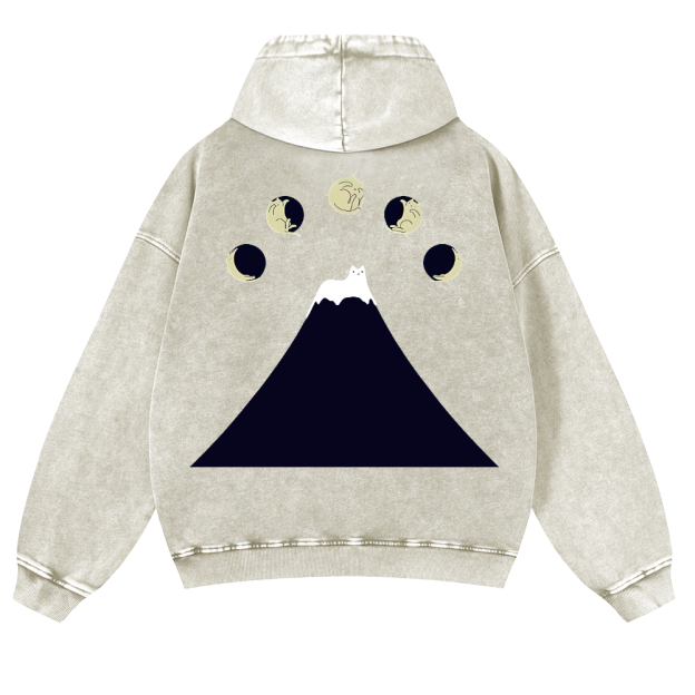 Mount Fuji Cat Moon Vintage Washed Cotton Back Art Hoodie