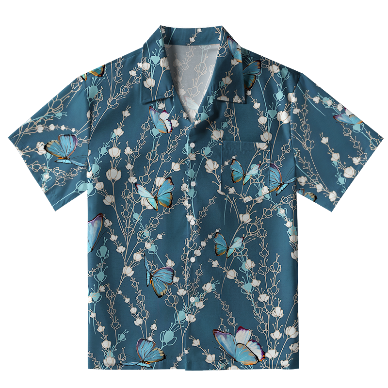  Blue Floral And Butterfly Aloha Hawaiian Shirt