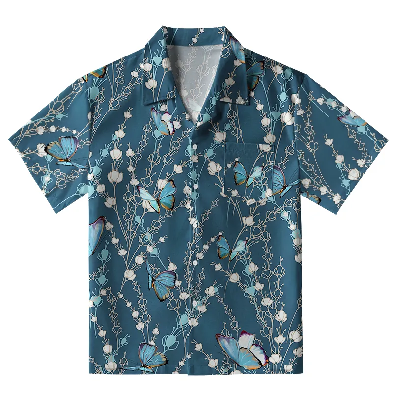 Tokyo-Tiger Blue Floral And Butterfly Aloha Hawaiian Shirt