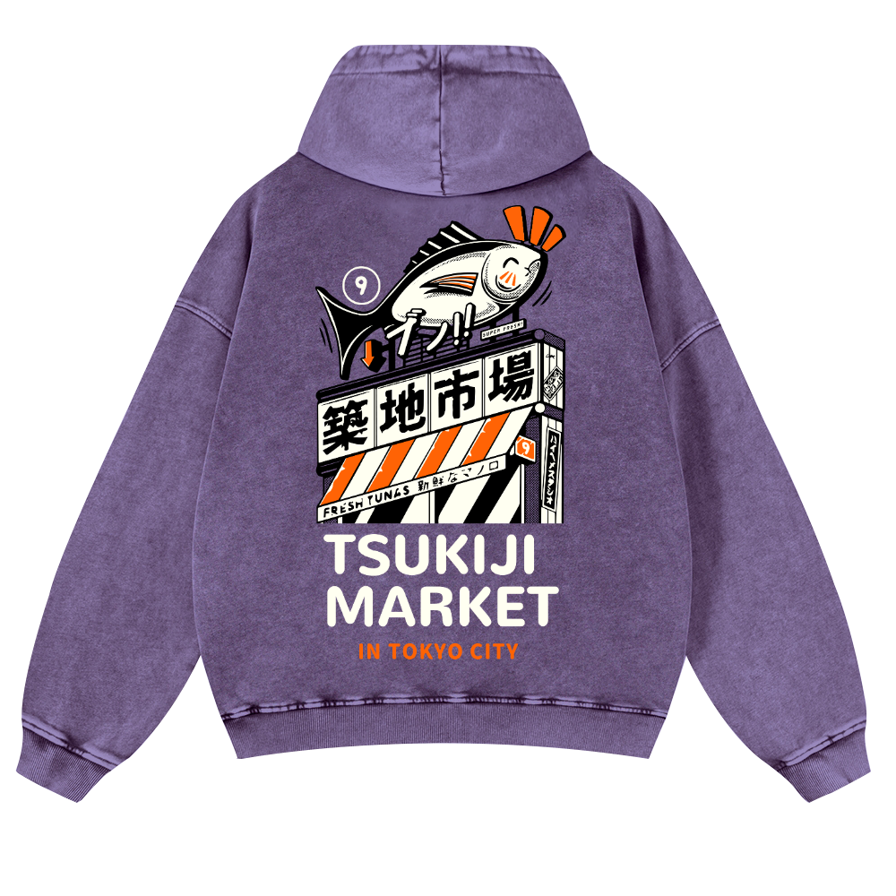 Tsukiji Fish Market Vintage Washed Cotton Back Art Hoodie