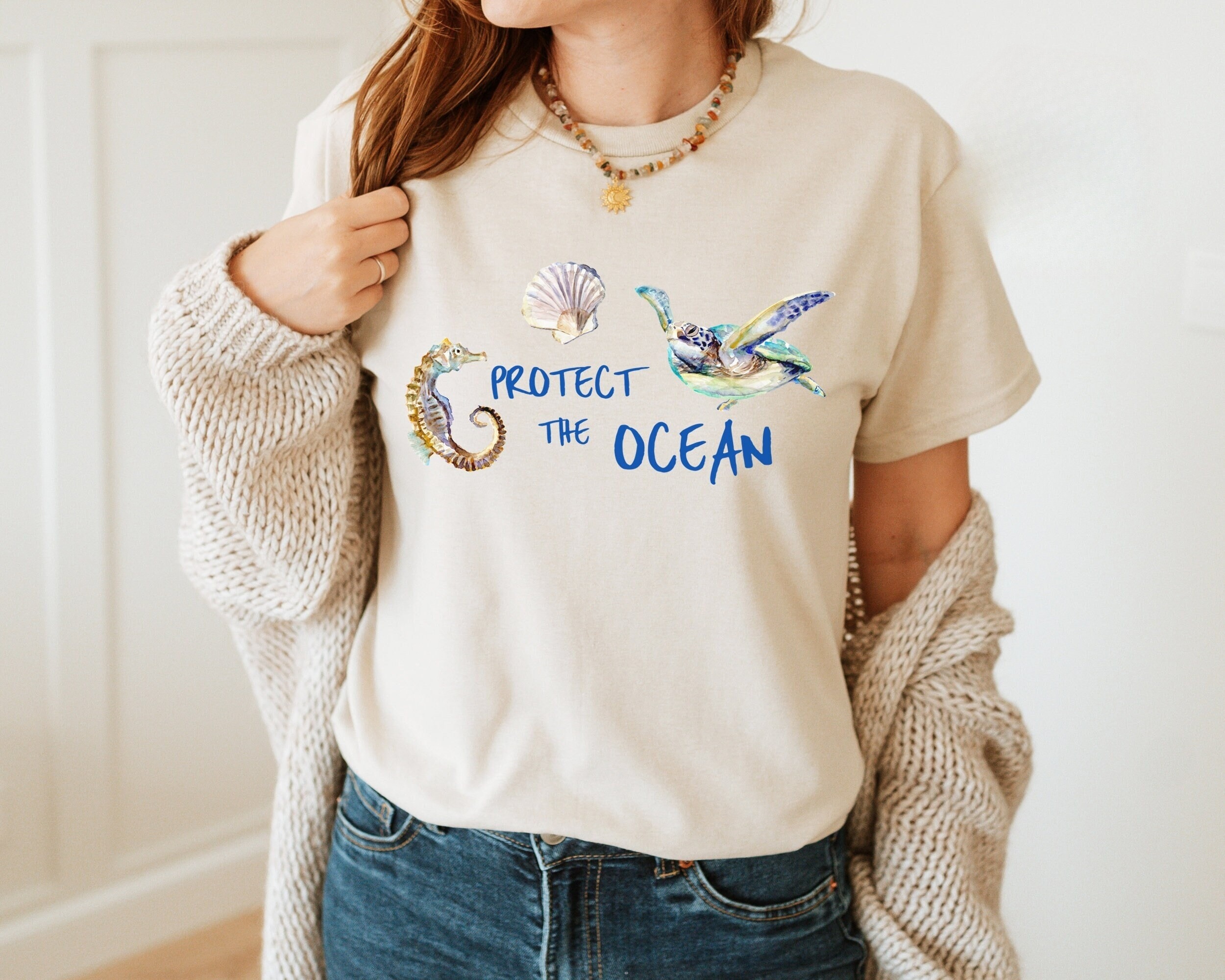 Save the Oceans T-Shirt – Turtle & Seahorse Print Marine Life Beachwear