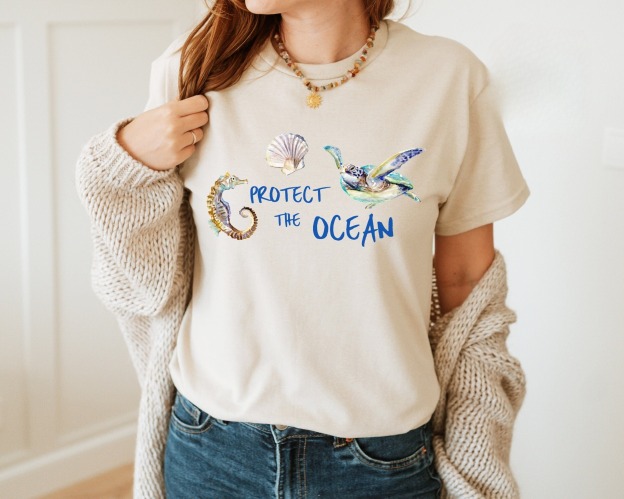 Save the Oceans T-Shirt – Turtle & Seahorse Print Marine Life Beachwear