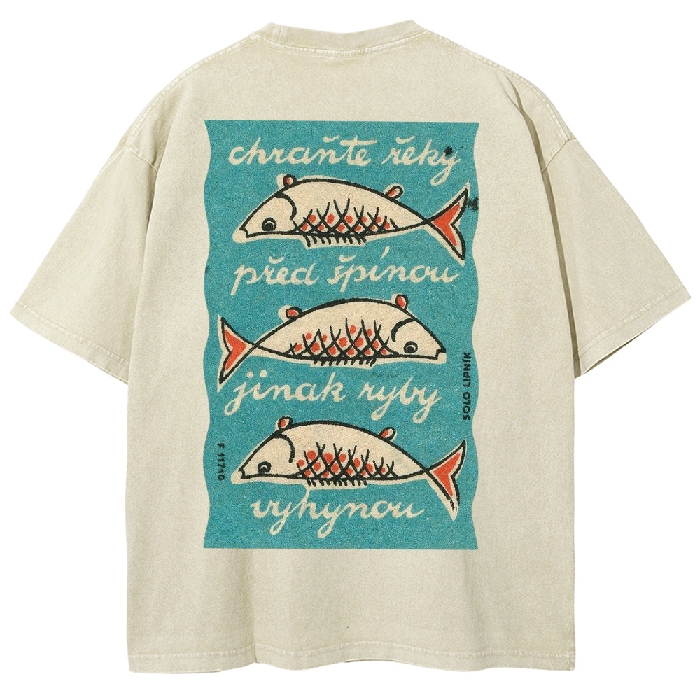 Fishes Pattern Printed Washed Vintage Short Sleeves T-Shirt