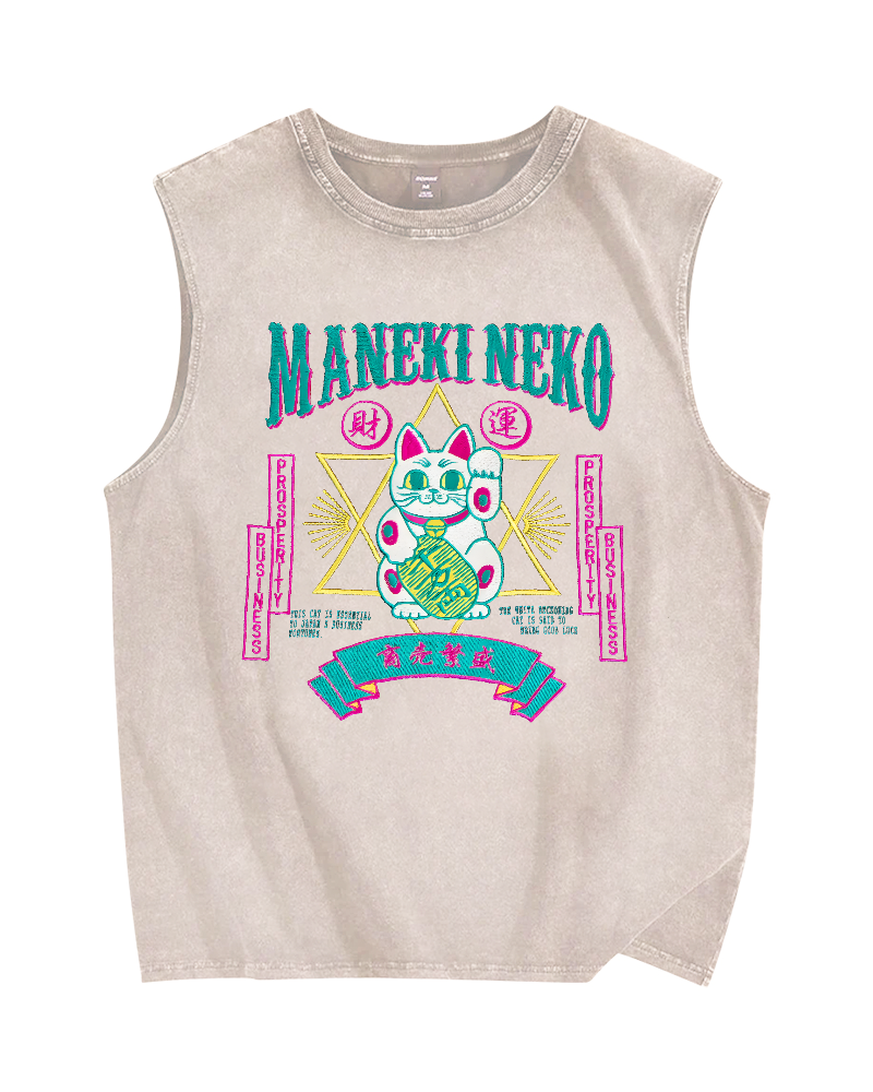 Maneki Neko Lucky Cat Vintage Distressed Washed Tank Top